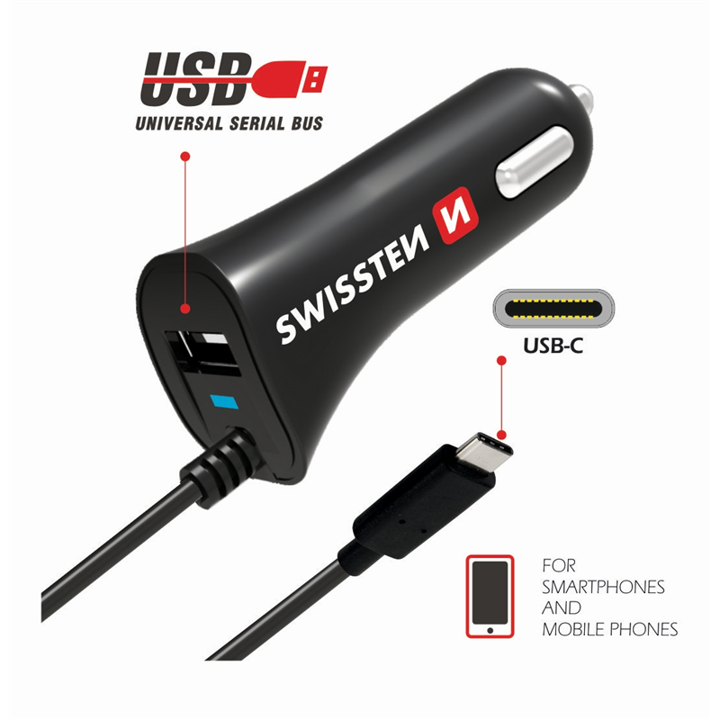 SWISSTEN ŁAD SAM 2xUSB 2.4A + KABEL TYP-C USB-C-15219