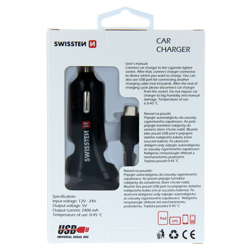 SWISSTEN ŁAD SAM 2xUSB 2.4A + KABEL TYP-C USB-C-15223