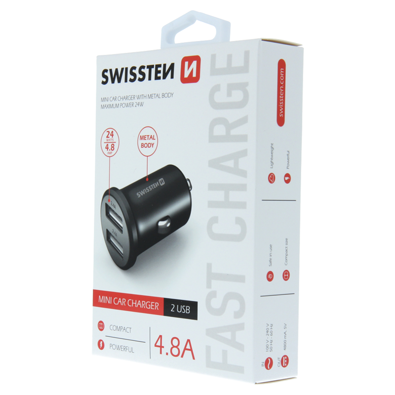 SWISSTEN ŁAD SAM 2xUSB 4.8A METAL BLACK-15236