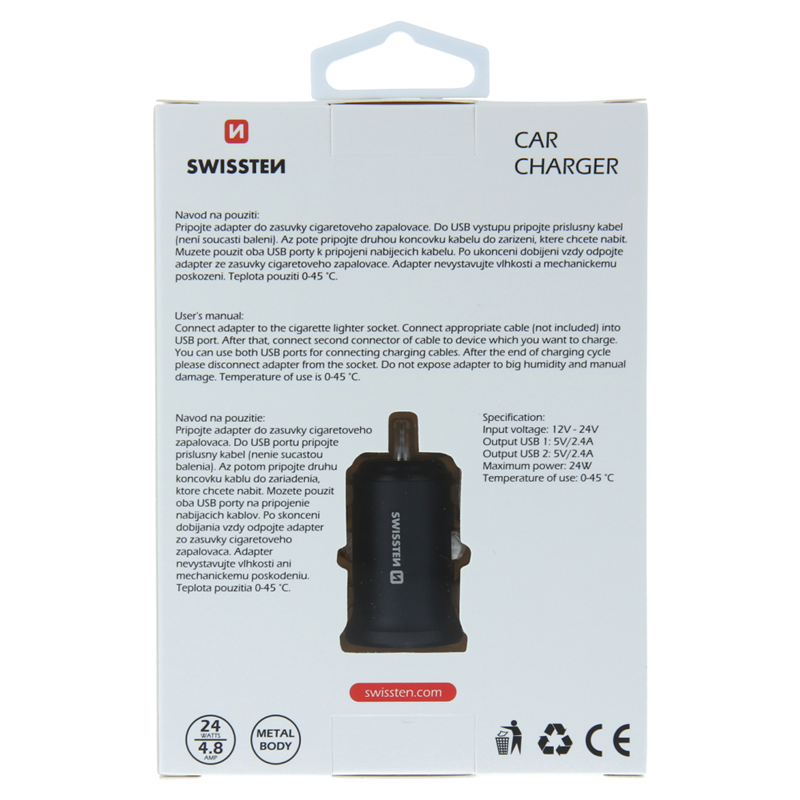 SWISSTEN ŁAD SAM 2xUSB 4.8A METAL BLACK-15237