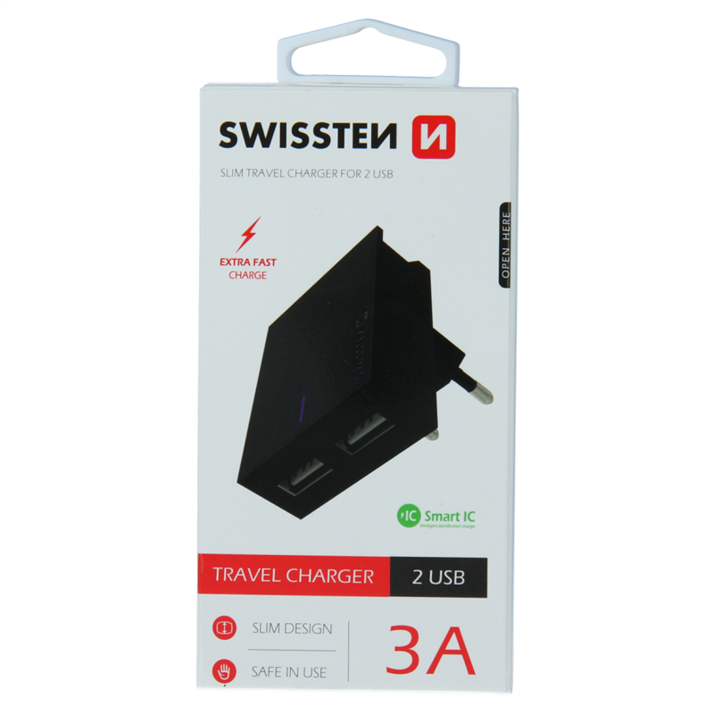 SWISSTEN ŁAD SIEC 2xUSB SMART IC 3A BLACK -15466