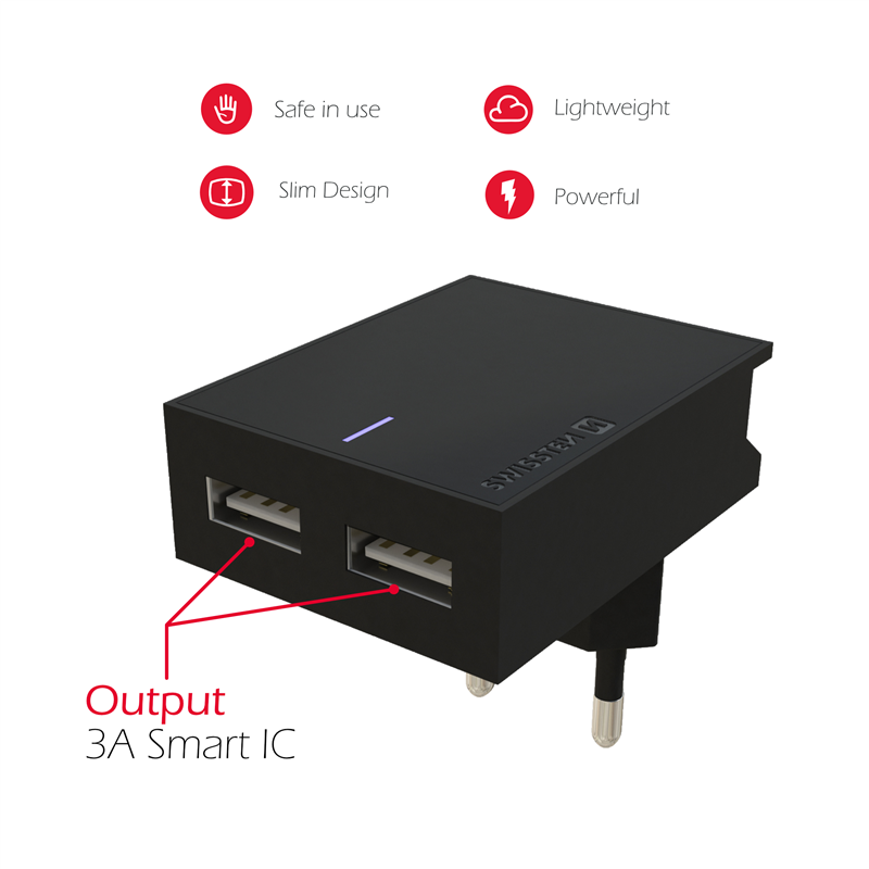 SWISSTEN ŁAD SIEC 2xUSB SMART IC 3A BLACK -15465