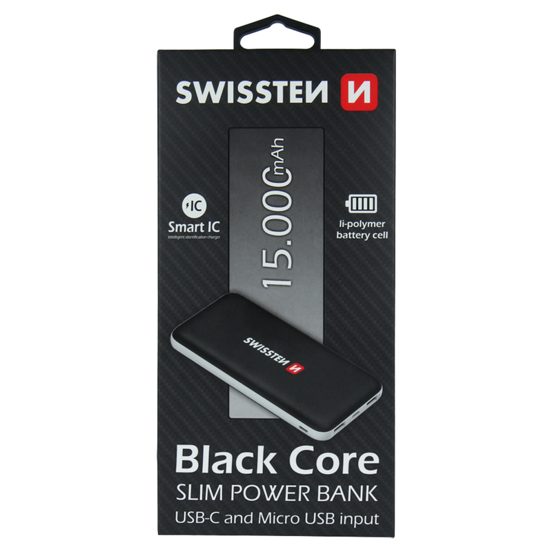 SWISSTEN POWER BANK BLACK CORE SLIM USB-C 15000mAh-15489