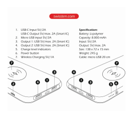 SWISSTEN POWER BANK WIRELESS SLIM 8000 mAh USB-C-18212