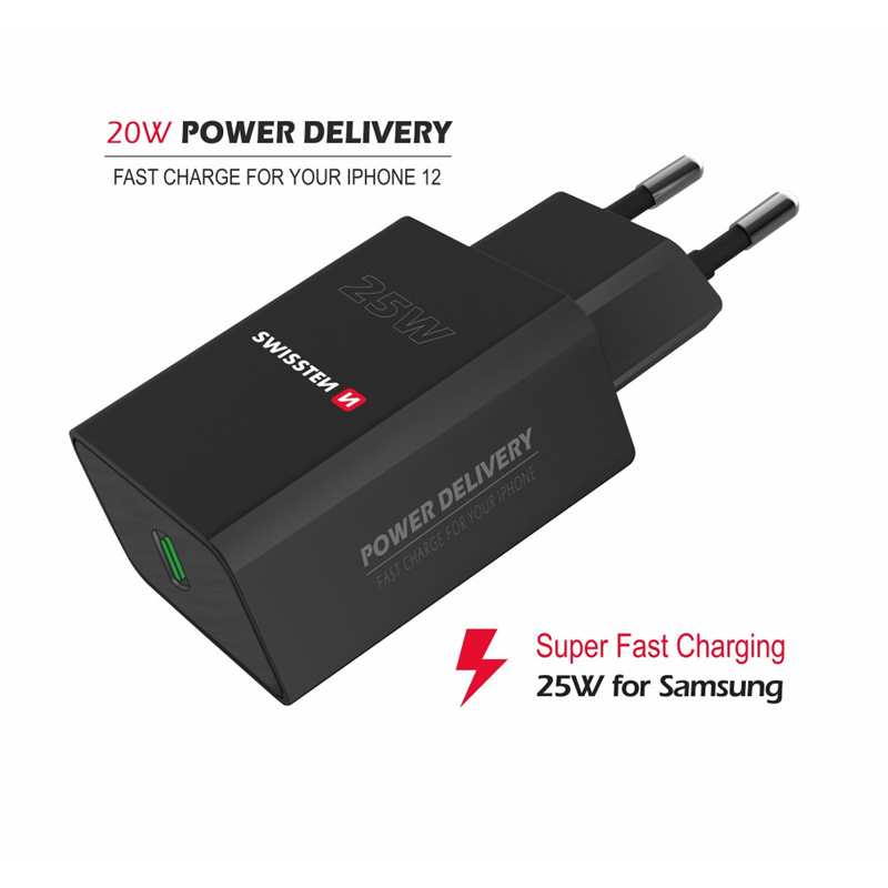 SWISSTEN ŁAD SIEC USB-C 25W IPHONE SAMSUNG BLACK-18644