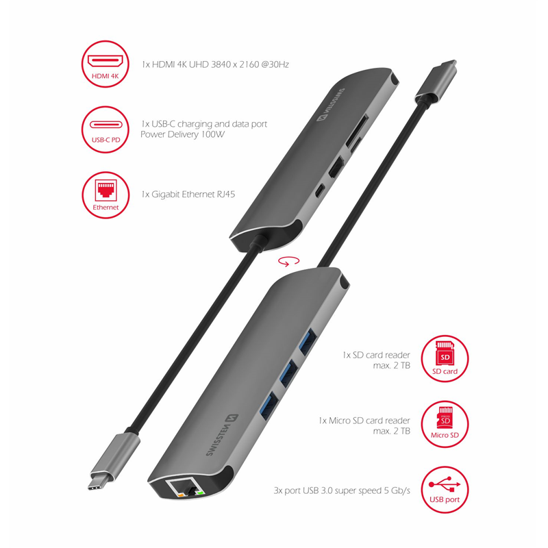 SWISSTEN USB-C HUV 8 IN 1 HDMI 4K, RJ45, MICROSD-18854