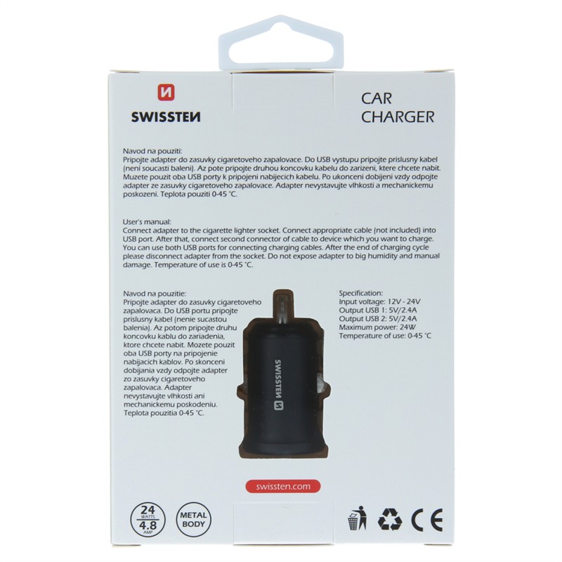 SWISSTEN ŁAD SAM 2xUSB 4.8A METAL BLACK-15237