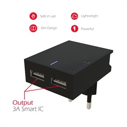 SWISSTEN ŁAD SIEC 2xUSB SMART IC 3A BLACK -15466