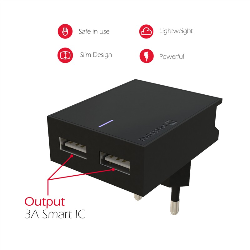 SWISSTEN ŁAD SIEC 2xUSB SMART IC 3A BLACK -15465