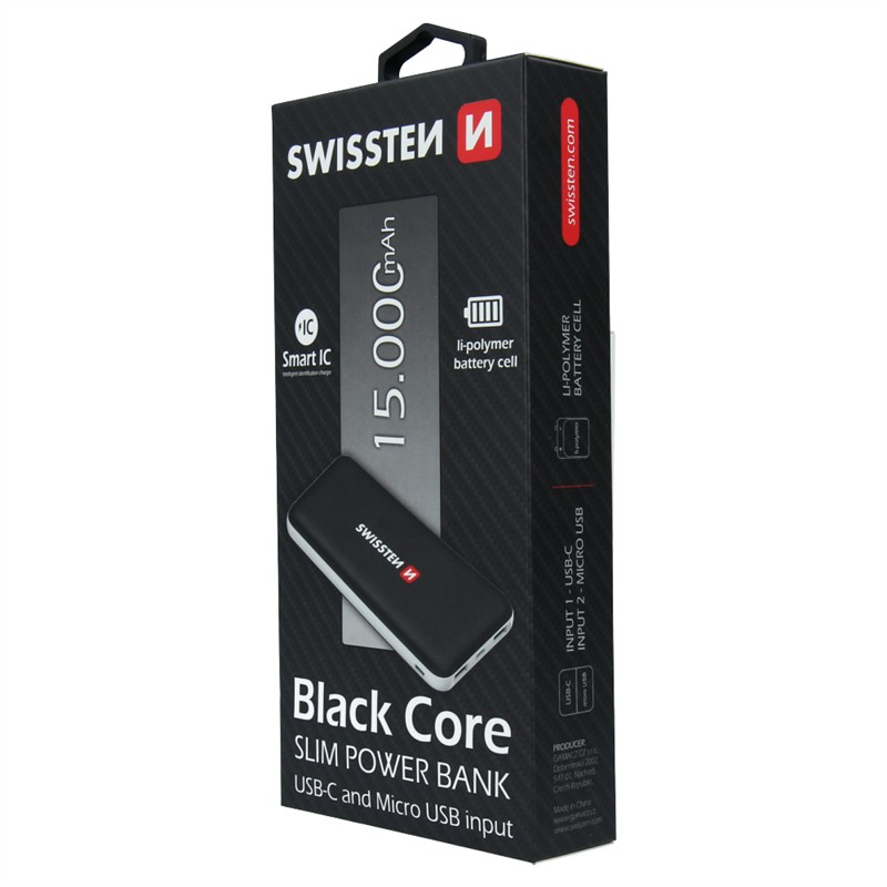SWISSTEN POWER BANK BLACK CORE SLIM USB-C 15000mAh-15490