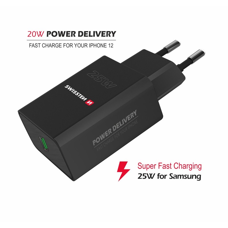SWISSTEN ŁAD SIEC USB-C 25W IPHONE SAMSUNG BLACK-18644