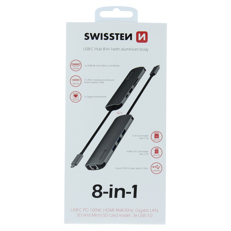SWISSTEN USB-C HUV 8 IN 1 HDMI 4K, RJ45, MICROSD-18855